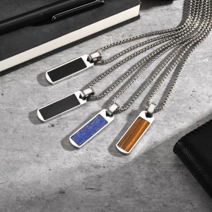 Men's fashion stainless steel all light lapis lazuli agate drop glue rectangular strip rectangular strip pendant steel color